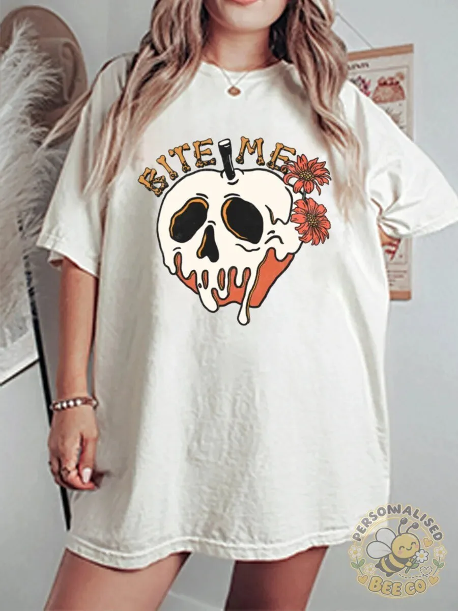Bite Me Skull and Flowers Halloween Graphic Oversized T-Shirt