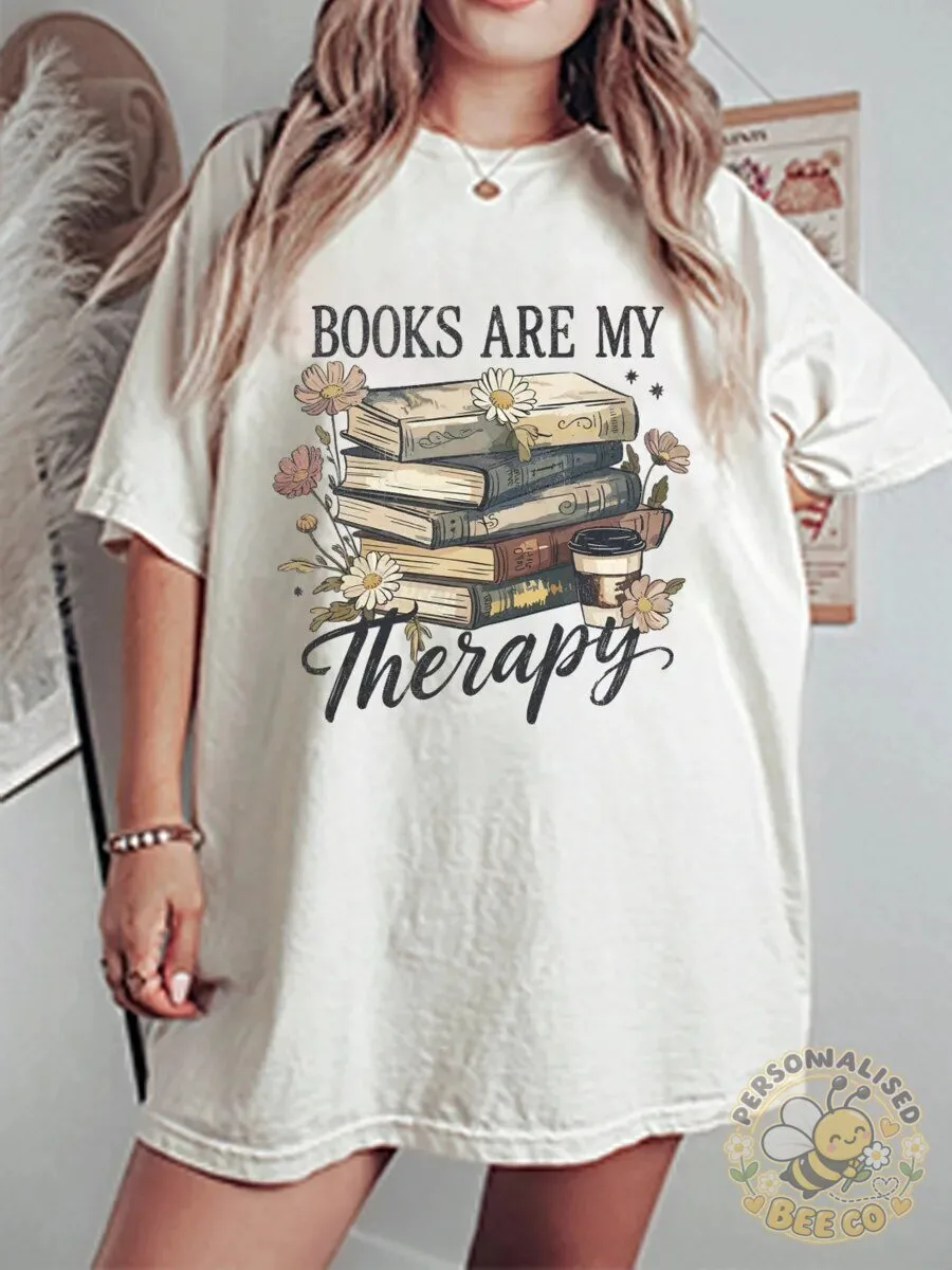 Books Are My Therapy Vintage Book Lover Floral Graphic T-Shirt