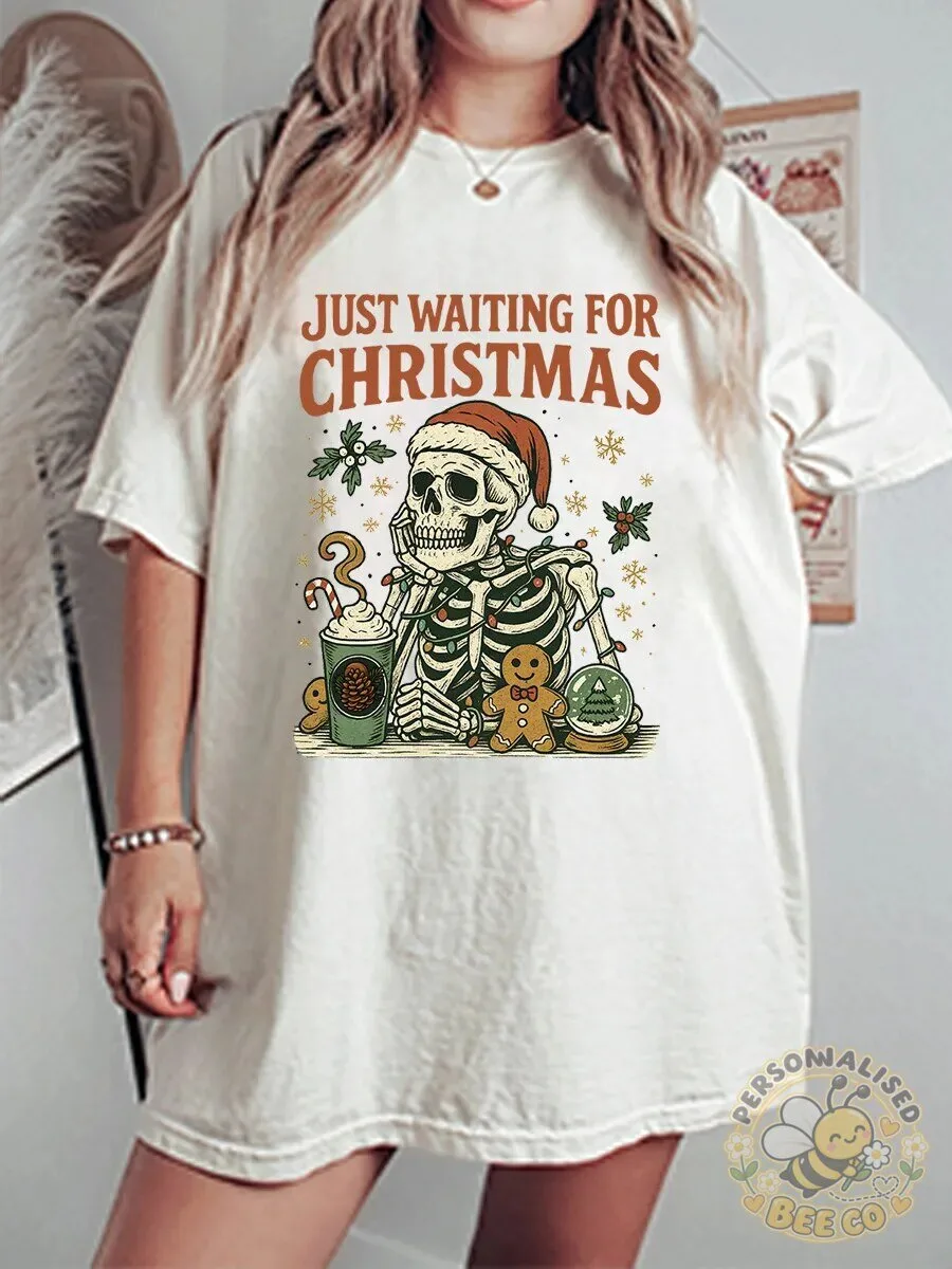 Just Waiting For Christmas Skeleton Holiday Graphic T-Shirt