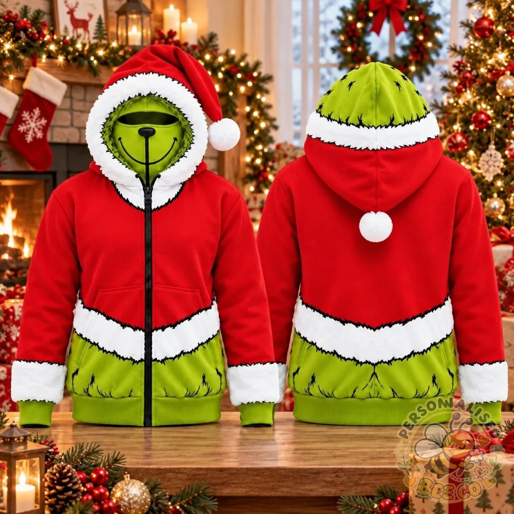 Grinch Santa Claus Christmas Zip Up Hoodie With Built In Face Cover Grinch Santa Claus Christmas Zip Up Hoodie With Built In Face Cover
