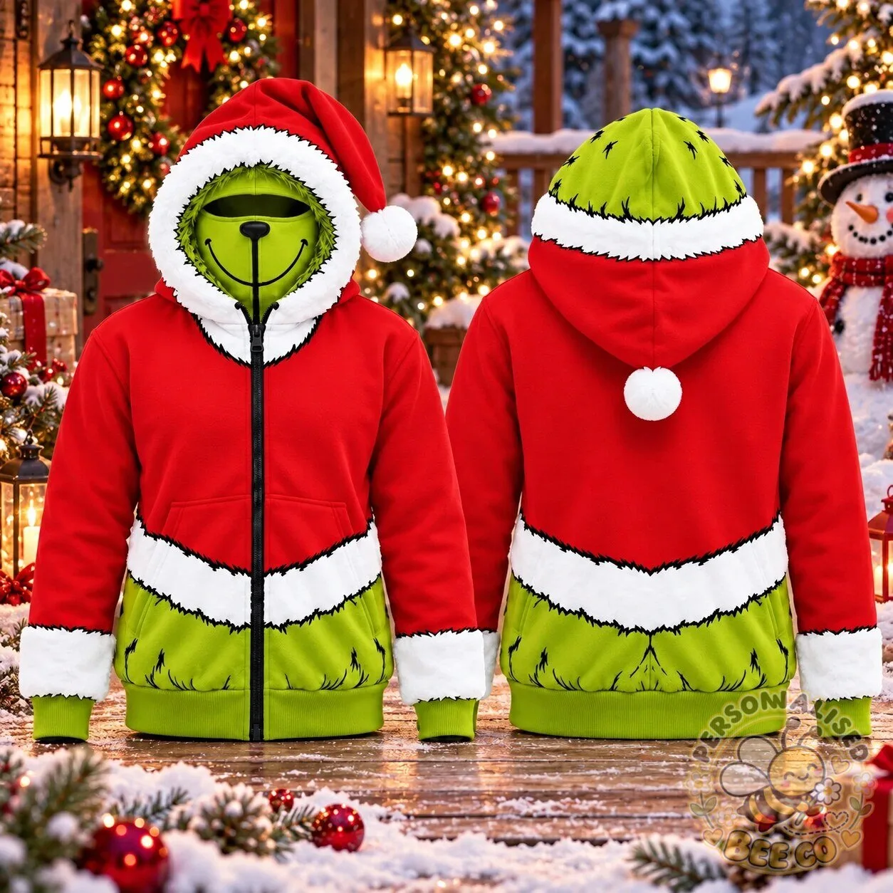 Grinch Santa Claus Christmas Zip Up Hoodie With Built In Face Cover 10 Grinch Santa Claus Christmas Zip Up Hoodie With Built In Face Cover