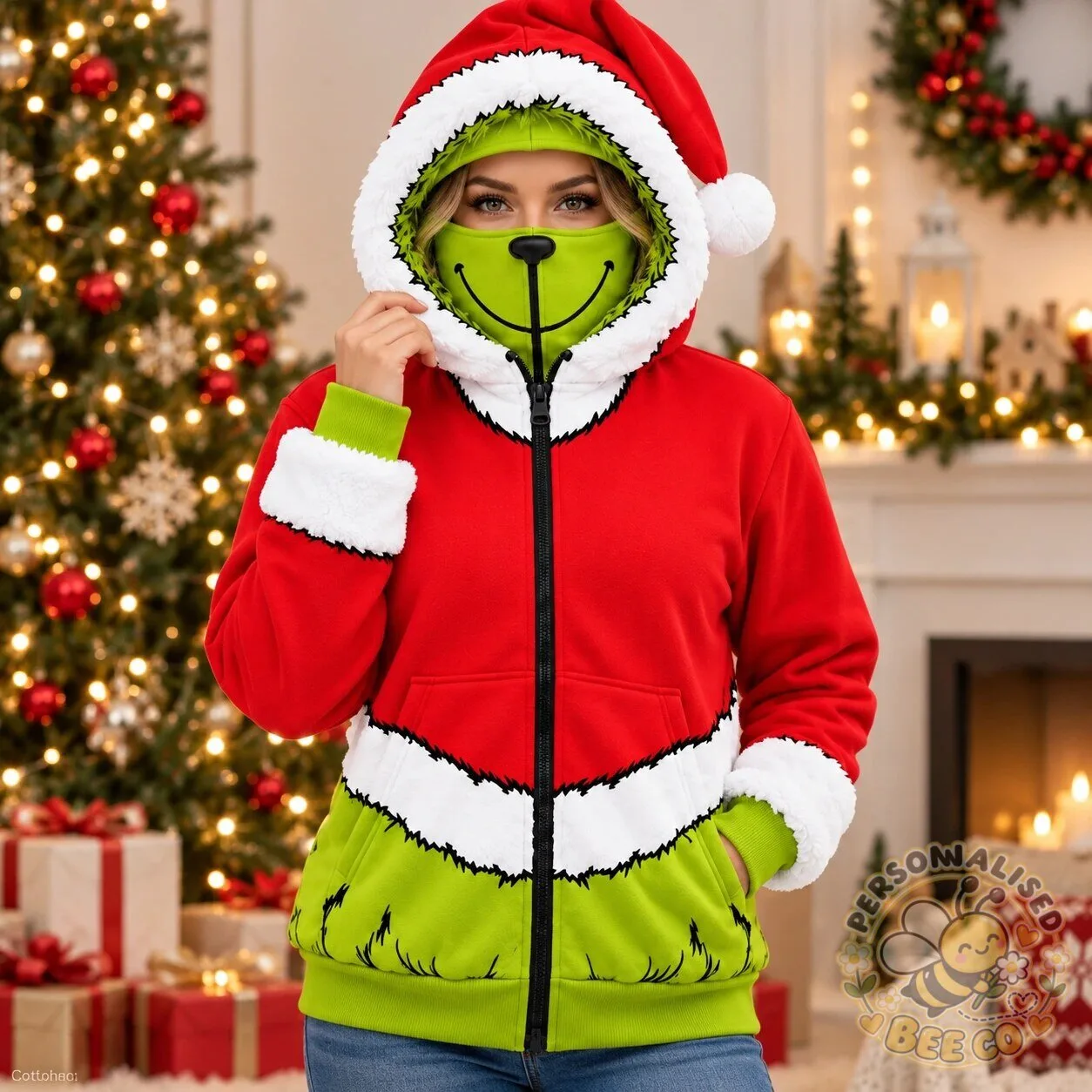 Grinch Santa Claus Christmas Zip Up Hoodie With Built In Face Cover 11 Grinch Santa Claus Christmas Zip Up Hoodie With Built In Face Cover